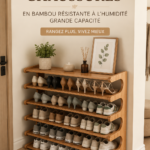 Étagère en bambou conçue pour le rangement de chaussures, montrant sa grande capacité et son design élégant.