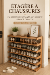Étagère en bambou conçue pour le rangement de chaussures, montrant sa grande capacité et son design élégant.