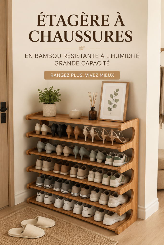 Étagère en bambou conçue pour le rangement de chaussures, montrant sa grande capacité et son design élégant.