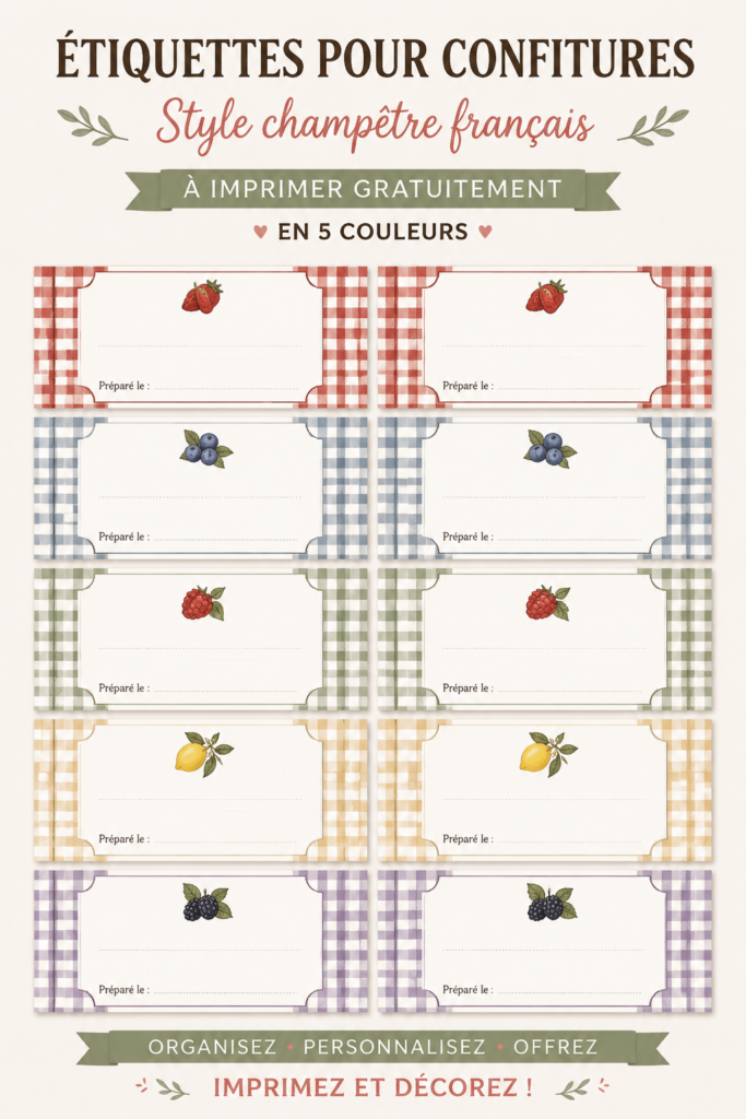 Étiquettes de confiture imprimables dans un style champêtre avec motifs floraux.