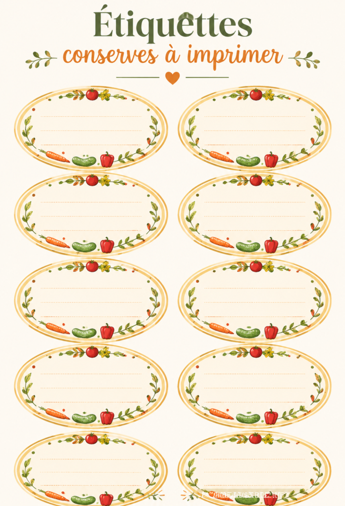 Étiquettes de conserves personnalisées prêtes à imprimer sur une table en bois.