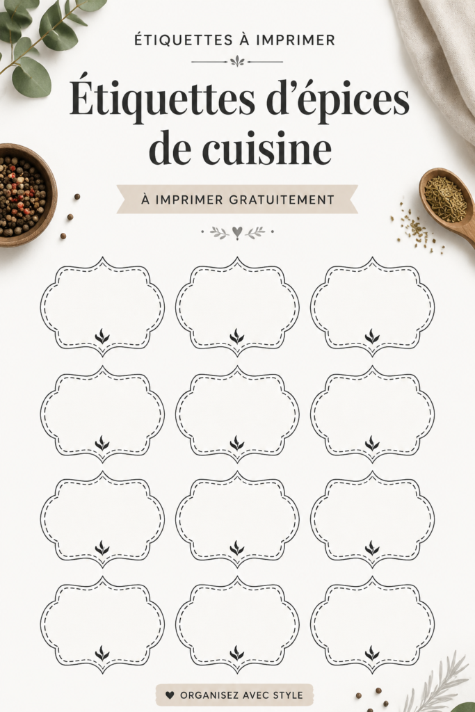 Étiquettes d'épices imprimées et organisées dans une cuisine moderne