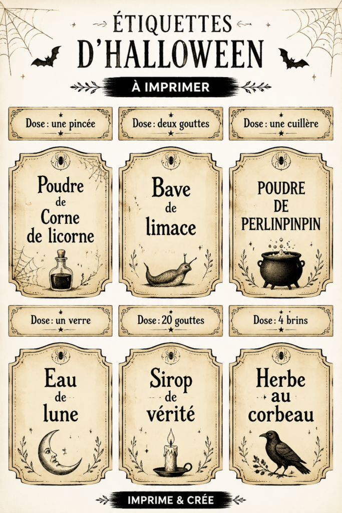 Échantillon d'étiquettes Halloween à imprimer, décorées de motifs de citrouilles et de fantômes.
