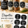 Étiquettes personnalisées sur des pots à épices en verre dans une cuisine.