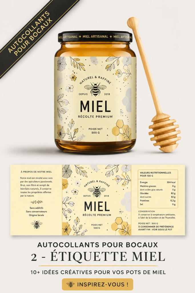 Étiquettes créatives sur des pots de miel, illustrant des designs charmants.
