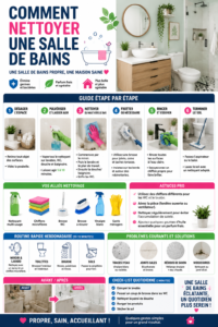 Salle de bain propre et bien rangée, avec des produits de nettoyage sur le comptoir