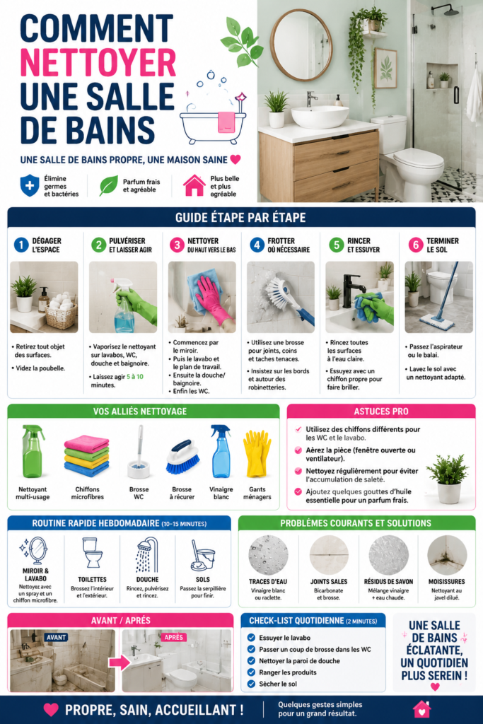Salle de bain propre et bien rangée, avec des produits de nettoyage sur le comptoir