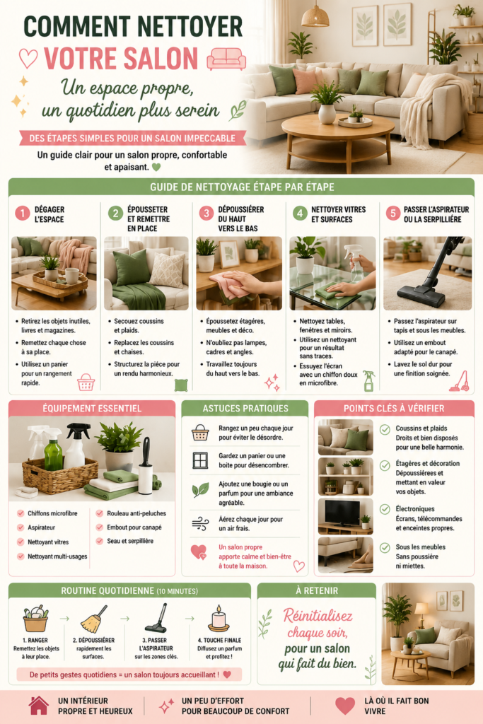 Salon propre et bien rangé avec décor chaleureux