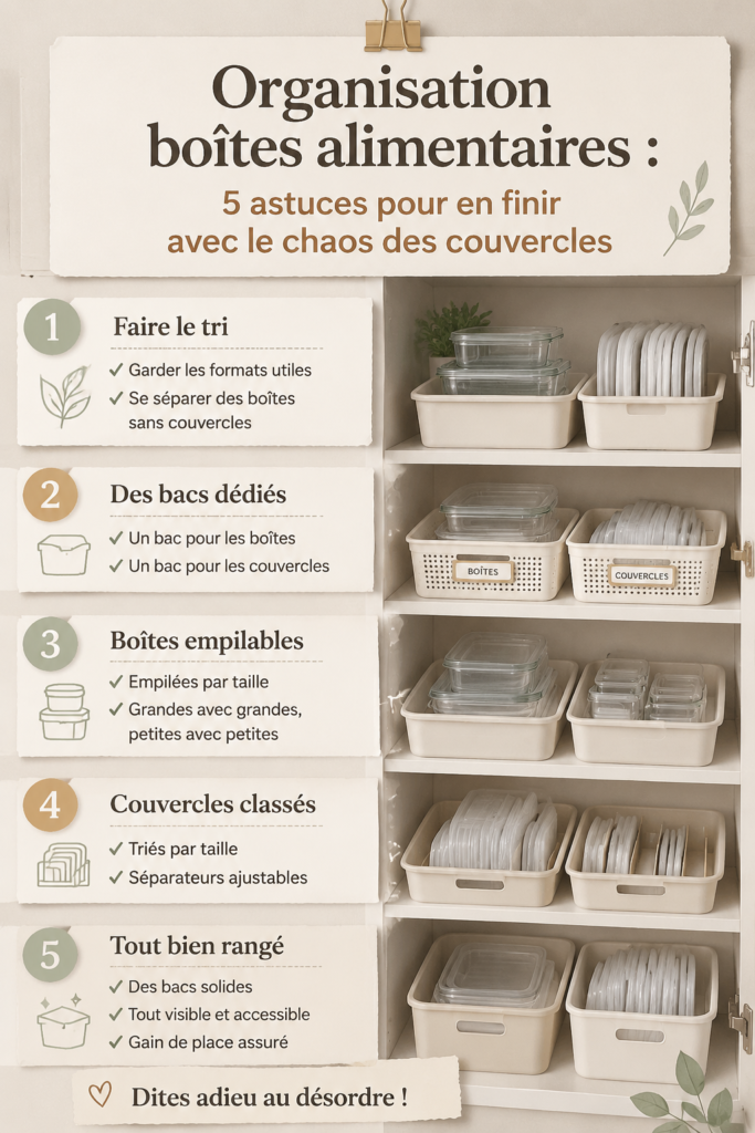 Cuisine bien ordonnée avec des boîtes alimentaires rangées, mettant en valeur l'organisation.
