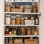 Garde-manger bien organisé avec des étagères claires et des bocaux de rangement.