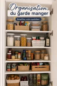 Garde-manger bien organisé avec des étagères claires et des bocaux de rangement.