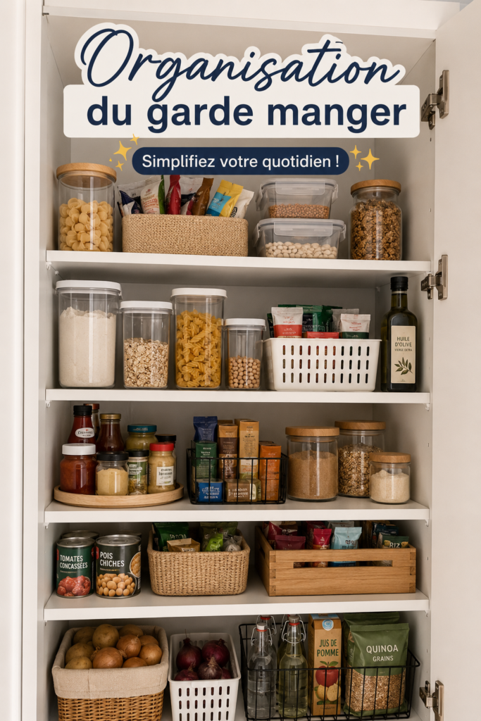 Garde-manger bien organisé avec des étagères claires et des bocaux de rangement.