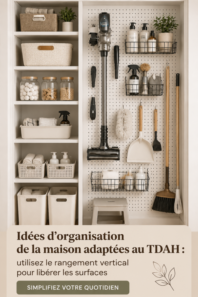 Une maison bien organisée avec des rangements verticaux, adaptée aux besoins des personnes avec TDAH