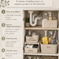 Organisation d'un espace sous évier avec des rangements clairs et pratiques