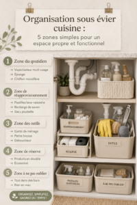Organisation d'un espace sous évier avec des rangements clairs et pratiques