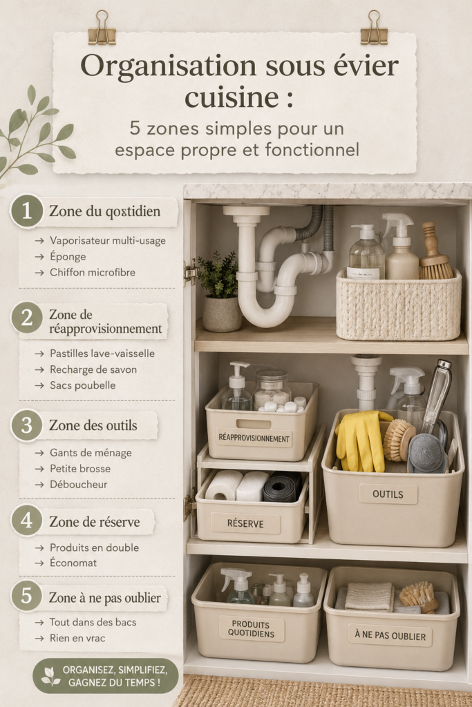 Organisation d'un espace sous évier avec des rangements clairs et pratiques