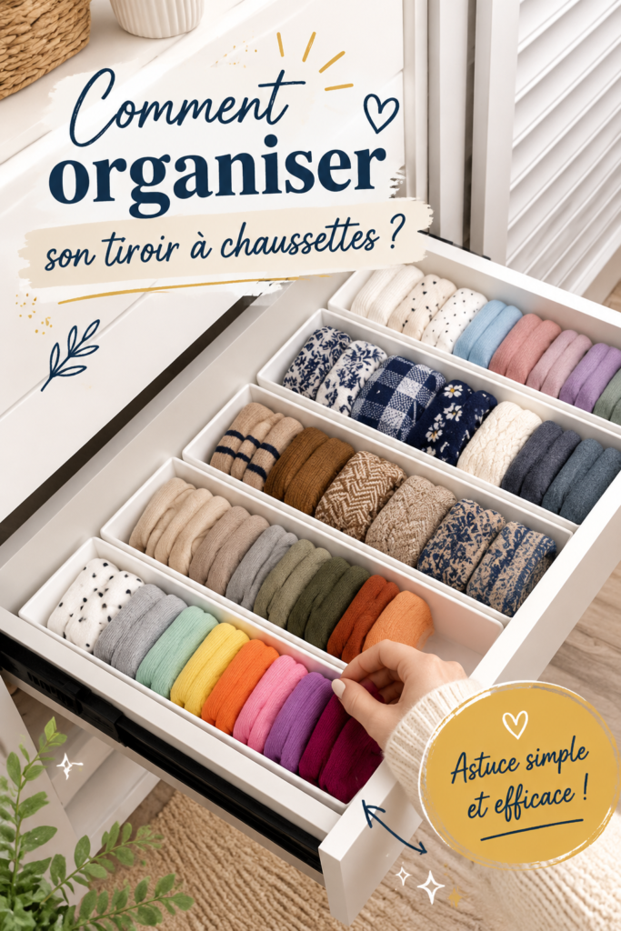 Tiroir à chaussettes parfaitement organisé, avec des chaussettes pliées par couleur.