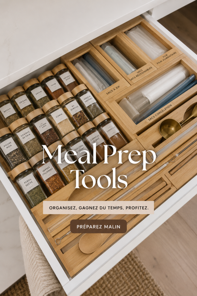Espace de cuisine organisé avec des outils de meal prep