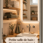 Aperçu d'une petite salle de bain bien agencée avec des rangements pratiques et une décoration apaisante.
