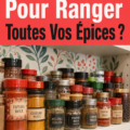 Un rangement d'épices bien organisé dans une cuisine chaleureuse, avec divers bocaux et tiroirs.
