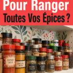 Un rangement d'épices bien organisé dans une cuisine chaleureuse, avec divers bocaux et tiroirs.