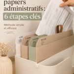 Personne organisant des papiers administratifs sur un bureau avec des dossiers classés.