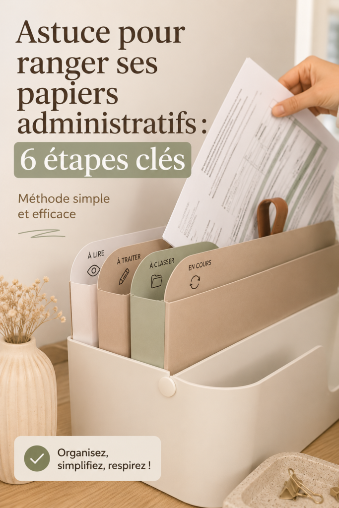 Personne organisant des papiers administratifs sur un bureau avec des dossiers classés.
