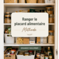 Un placard alimentaire bien organisé avec des bocaux étiquetés et des étagères rangées.