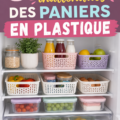 Un ensemble de paniers en plastique colorés réutilisés de manière créative dans une maison chaleureuse.