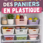 Un ensemble de paniers en plastique colorés réutilisés de manière créative dans une maison chaleureuse.