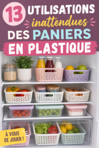 Un ensemble de paniers en plastique colorés réutilisés de manière créative dans une maison chaleureuse.