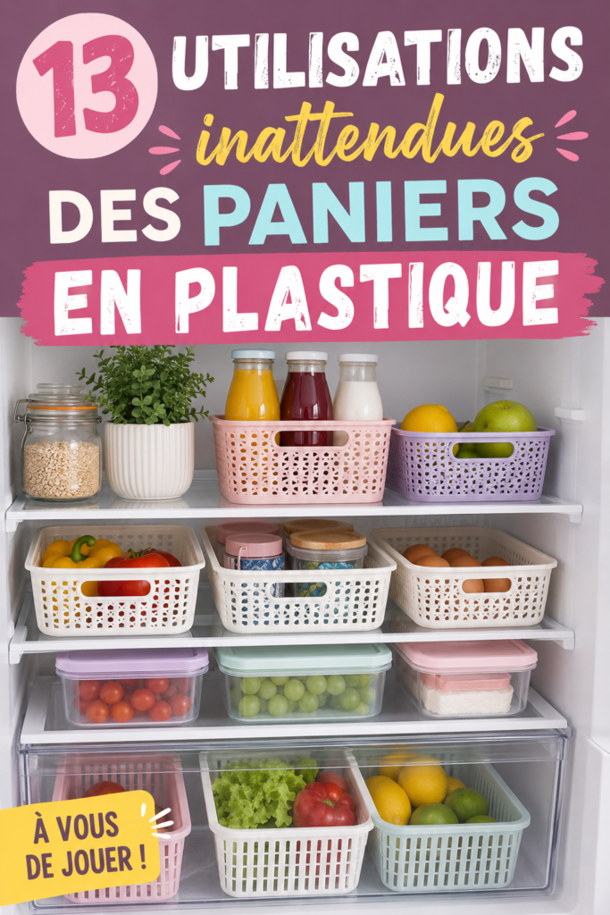Un ensemble de paniers en plastique colorés réutilisés de manière créative dans une maison chaleureuse.
