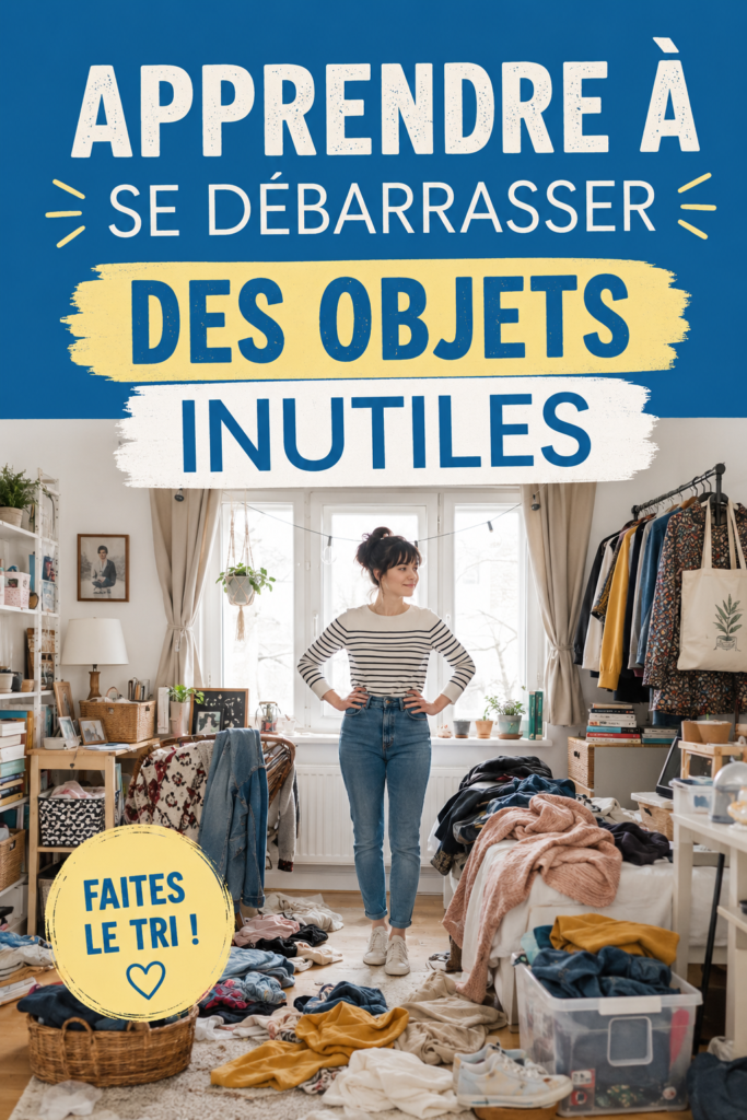 Femme en train de faire le tri dans son intérieur, entourée d'objets à désencombrer.