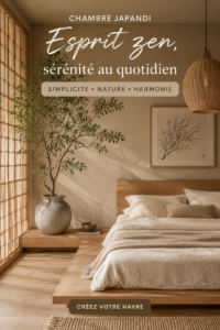Chambre décorée dans un style japandi, avec des matériaux naturels et une ambiance apaisante.