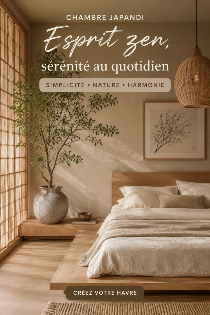 Chambre décorée dans un style japandi, avec des matériaux naturels et une ambiance apaisante.
