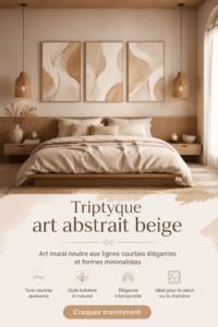 Triptyque d'art abstrait beige avec des lignes incurvées élégantes pour la décoration murale