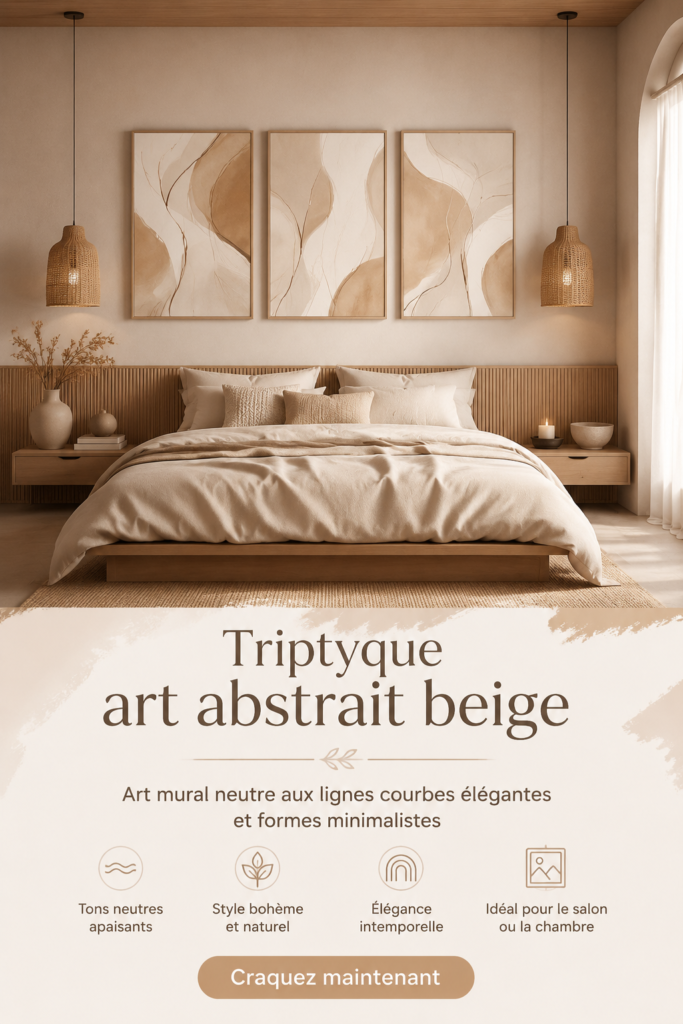 Triptyque d'art abstrait beige avec des lignes incurvées élégantes pour la décoration murale