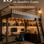 Un bureau design intégré dans une chambre d'amis, alliant confort et fonctionnalité.