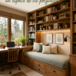 Bureau fonctionnel avec un lit d'appoint intégré dans un intérieur moderne.