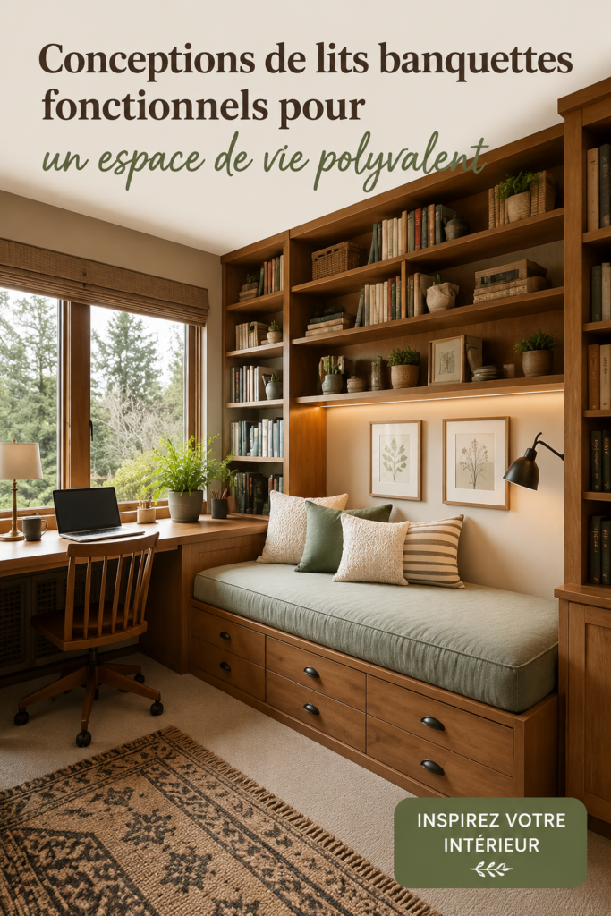 Bureau fonctionnel avec un lit d'appoint intégré dans un intérieur moderne.
