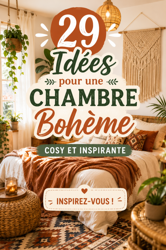 Chambre décorée dans un style bohème chaleureux avec des éléments cosy