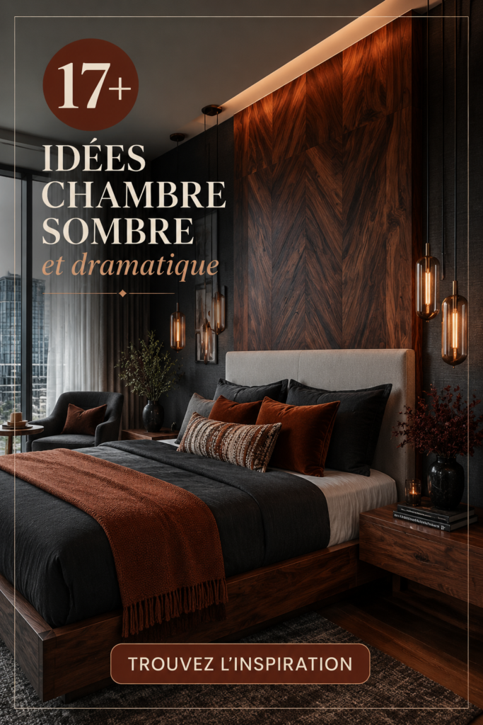 Chambre à coucher décorée dans des teintes sombres et accueillantes, créant une ambiance moody.