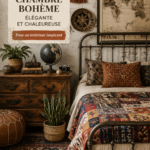 Chambre boho élégante avec des éléments décoratifs chaleureux