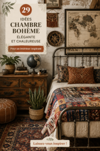 Chambre boho élégante avec des éléments décoratifs chaleureux