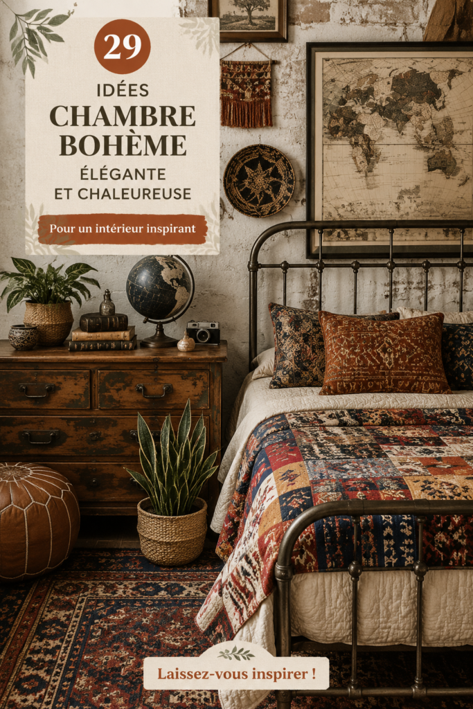Chambre boho élégante avec des éléments décoratifs chaleureux