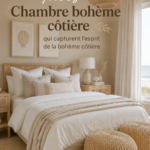 Chambre boho lumineuse avec des éléments côtiers.