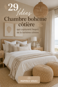 Chambre boho lumineuse avec des éléments côtiers.