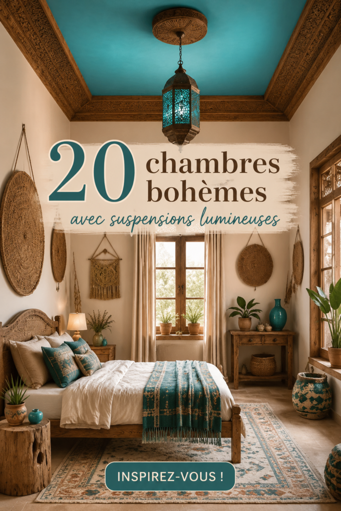Chambre au style boho avec un éclairage suspendu chic