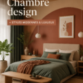 Chambre moderne décorée dans un style luxueux avec une palette de couleurs douces.