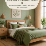 Une chambre décorée dans des tons de vert doux, créant une ambiance apaisante avec des plantes.